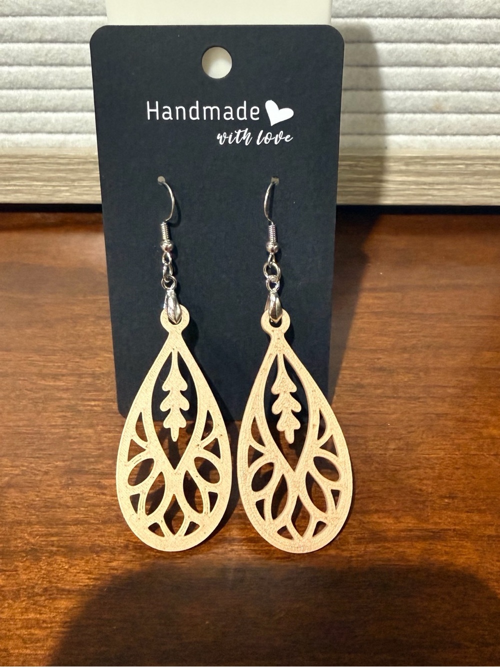 Handmade Light Wood Teardrop Earrings - Natural Beige Boho